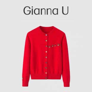 百搭温柔系～100纯山羊绒开衫女圆领可爱刺绣小松鼠针织本命红