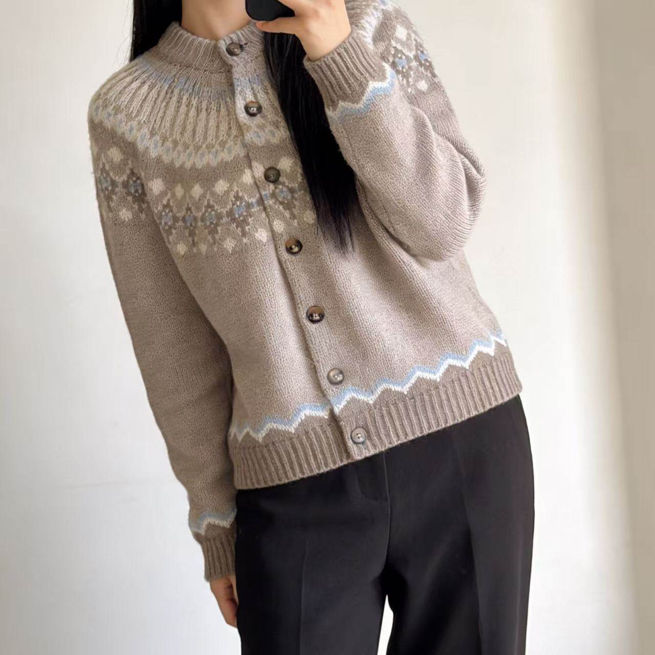 出口费尔岛风100%纯羊绒开衫女圆领长袖提花加厚上衣外套,女装/女士精品,羊绒衫,淘宝优惠券,粉丝福利购,淘宝优惠卷