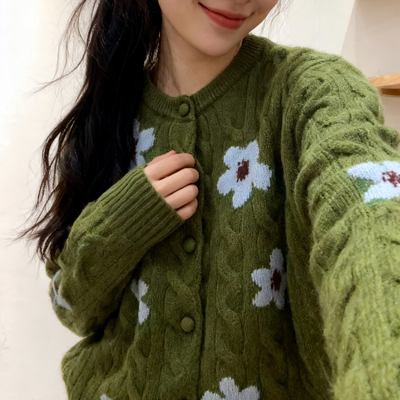 绿色麻花100山羊绒针织开衫女韩版百搭显瘦花朵图案毛衣外套上衣