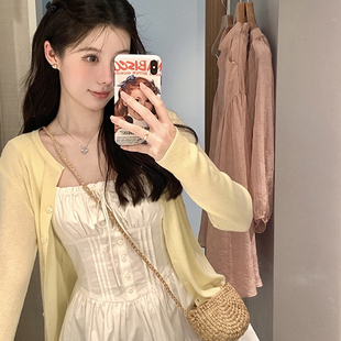 26春夏洛丽塔白色背心连衣裙+明媚清新黄色针织毛衫开衫套装