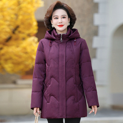 新款妈妈连帽羽绒服女中长款加厚中老年奶奶冬装大码休闲外套冬衣