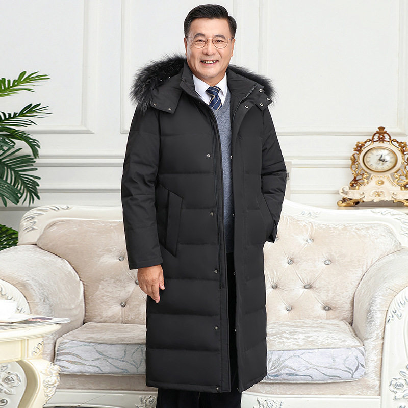 加厚中老年羽绒服男加长款过膝大码毛领爸爸装连帽羽绒衣保暖冬装