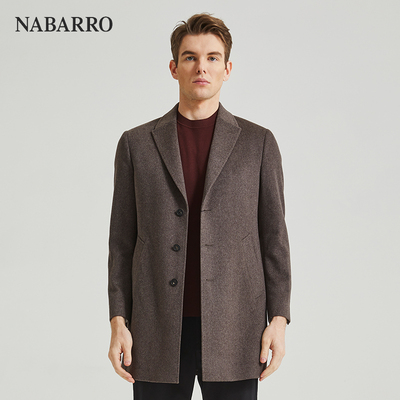 纳巴罗男士时尚高端纯羊绒驼色西服领中长款羊绒大衣