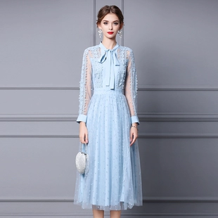 2023新款 复古女人味气质收腰显瘦蕾丝长裙子 枝荔水蓝色连衣裙春季