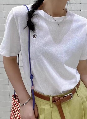 JTENGC吉藤2025夏季新款刺绣小标圆领短袖宽松白色T恤女上衣潮963