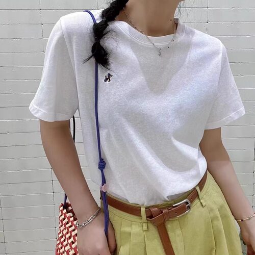 JTENGC吉藤2025夏季新款刺绣小标圆领短袖宽松白色T恤女上衣潮963