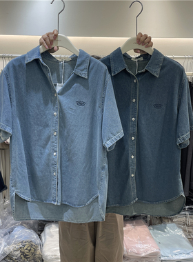 JTENGC韩版时尚字母刺绣单排扣短袖宽松休闲牛仔衬衫女休闲上衣夏