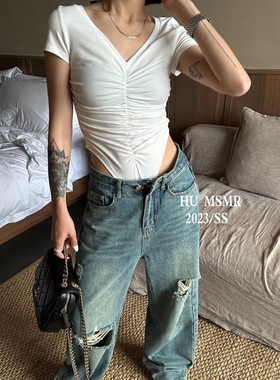 HU MSMR 韩版时尚纯色褶皱感V领短袖修身显瘦设计款T恤女上衣夏季