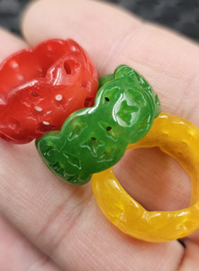 碧绿色铜钱镂空玉石散珠鸡血红鸡油黄石英岩玉花边戒指玉指环手饰