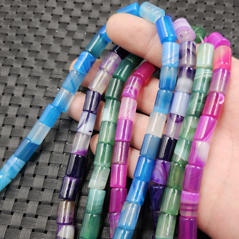 8*12缠丝玛瑙桶珠玉石散珠绿玉髓直筒珠子枚红色蓝色路路通配件珠