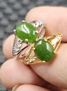 台湾碧玉蛋面玉石戒指菠菜绿