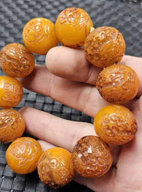 荧光浮盐水蜜蜡貔貅手链20毫米人造鸡油黄蜜蜡圆珠手链男女同款