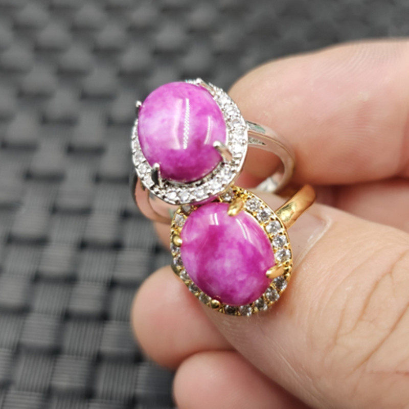 优化舒俱来蛋面玉石戒指桃花玉粉色镶钻戒指女款活口戒指玉指环