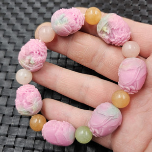 仿盐源玛瑙山水仿玉石手链桃花粉立体山水手链男女同款 手链手串