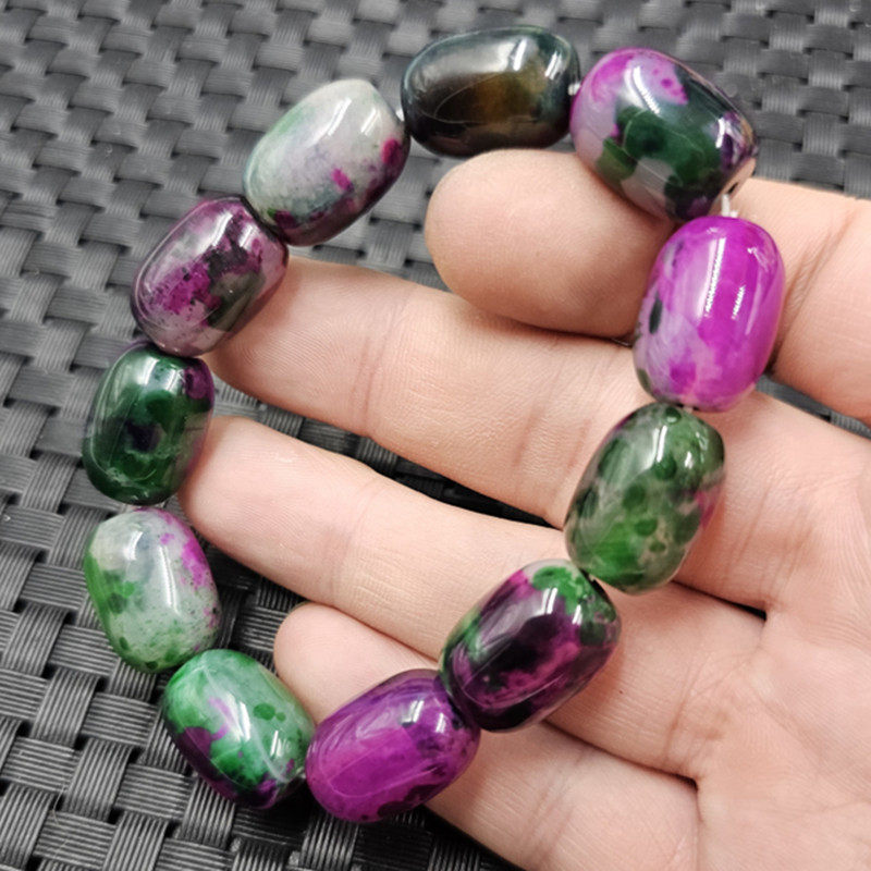 紫绿玛瑙路路通玉石手链红绿宝桃花粉墨绿色手串手饰手环男女同款