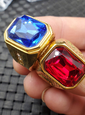 冰种锆石玉石戒指宝蓝色锆石切面戒指鸡血红方形戒指仿古戒指