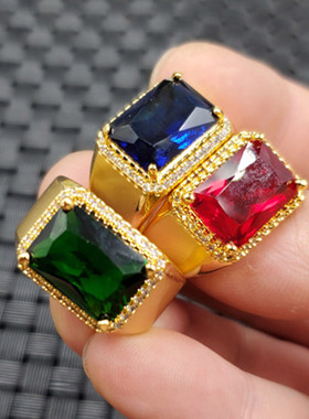 瑞隆轩冰种锆石戒指鸡血红锆石戒指宝蓝色方形戒指墨绿色戒指