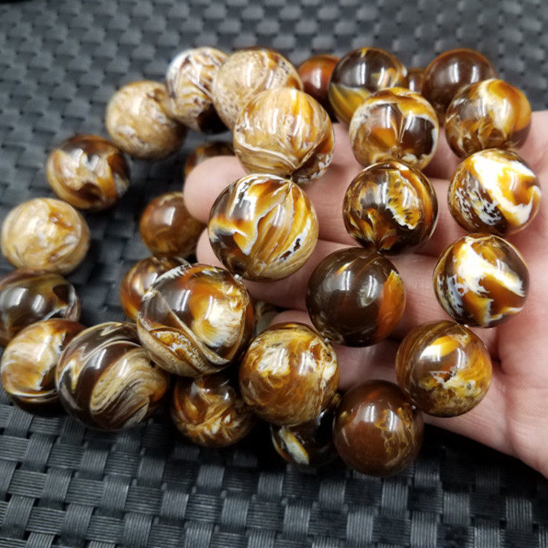 新款精美荧光浮盐水仿海柳蜜蜡圆珠手链咖啡色蜜蜡圆珠手链花手串