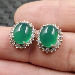 玉石耳钉冰种绿玉髓蛋面耳钉碧绿色玉髓镶嵚耳坠椭圆形耳钉玉耳饰