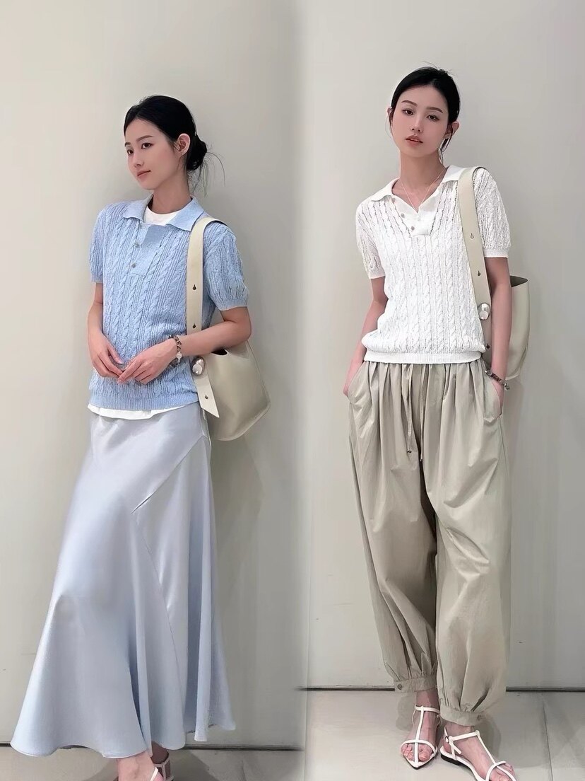 文艺感～松弛立体麻花点老钱风上衣学院风针织翻领镂空POLO短袖p3