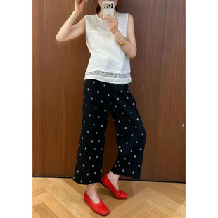 蜗牛裤！日系森女风旋涡刺绣亚麻混纺九分直筒裤穿搭波点裤女