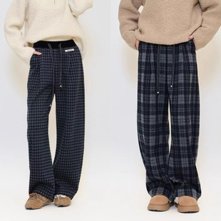 休闲裤 少量现货一条过冬加绒加厚款 遮跨显瘦松紧腰抽绳格子弯刀裤