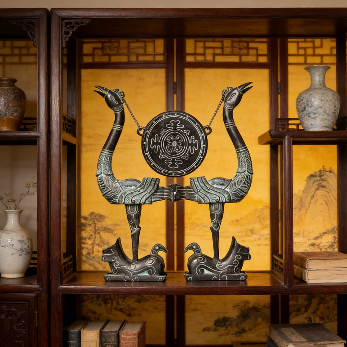 仿古青铜器虎座凤架鼓铜金属工艺品家居装饰茶室摆件湖北特色礼品