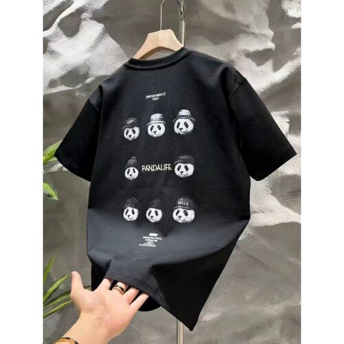 卡通熊猫印花短袖字母轻奢T恤男