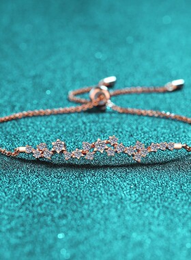 S925纯银莫桑石香槟金手链花枝手饰推拉环轻奢ins风时尚