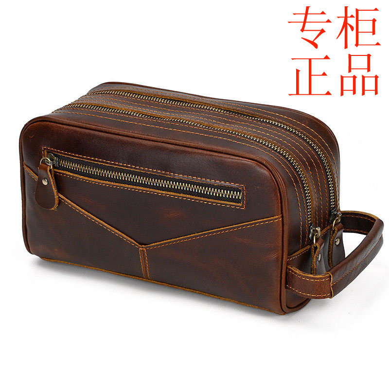 ㊣真皮复古手拿包疯马皮多功能收纳包休闲洗漱包女士化妆品收纳包