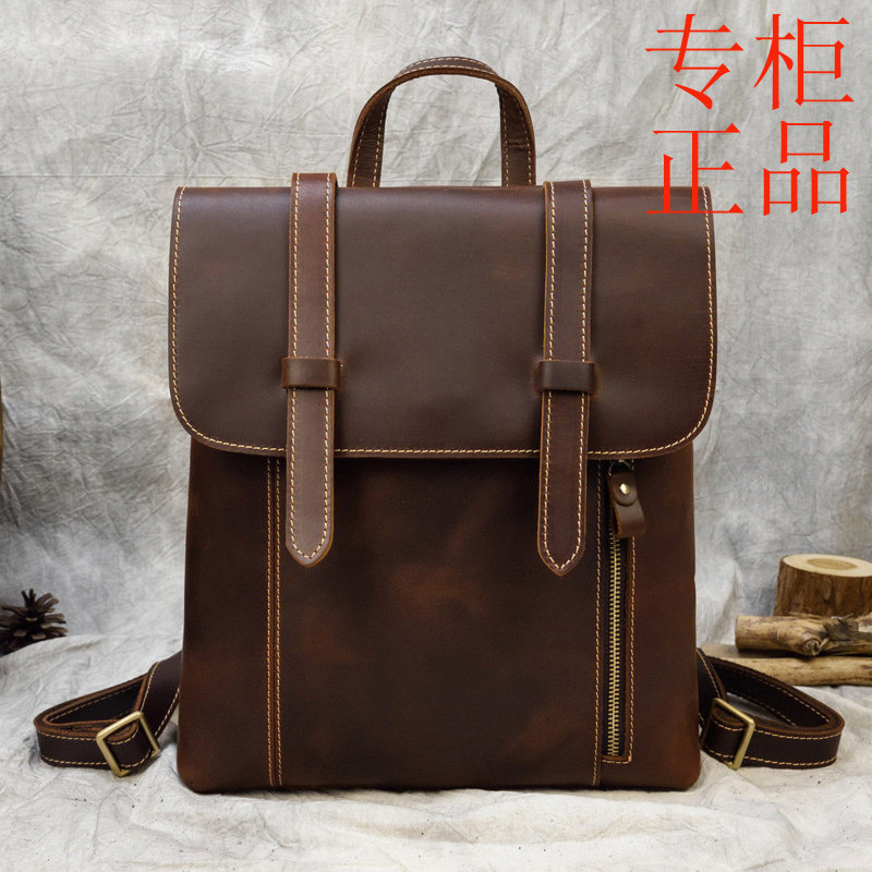 ㊣女款复古真皮背包多功能斜挎包可装iPad疯马皮双肩包热款书包