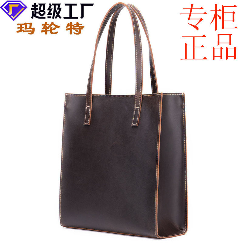 ㊣疯马皮复古牛皮手提包女士竖款13寸平板电脑包真皮购物包托特包