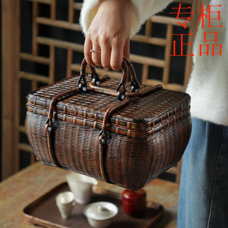 ㊣夏梦竹编茶箱便携茶具茶器篮手工精编茶道收纳箱竹编包