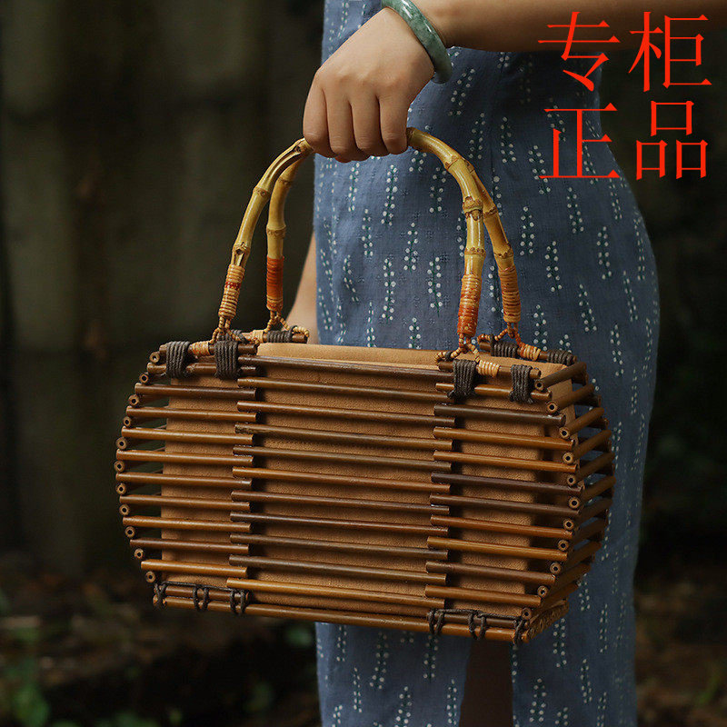 ㊣竹制手提包 竹编提篮 中式禅意文艺复古茶服女包 茶道茶具收纳