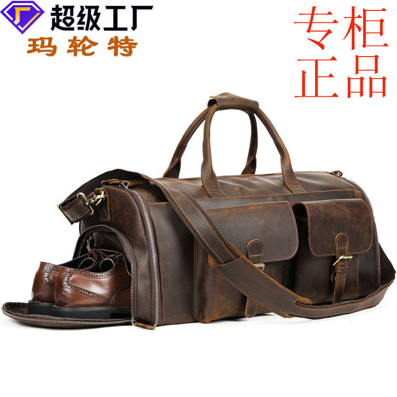㊣疯马皮男士旅行袋真皮手提短途出差便携行李袋多功能西装包大容
