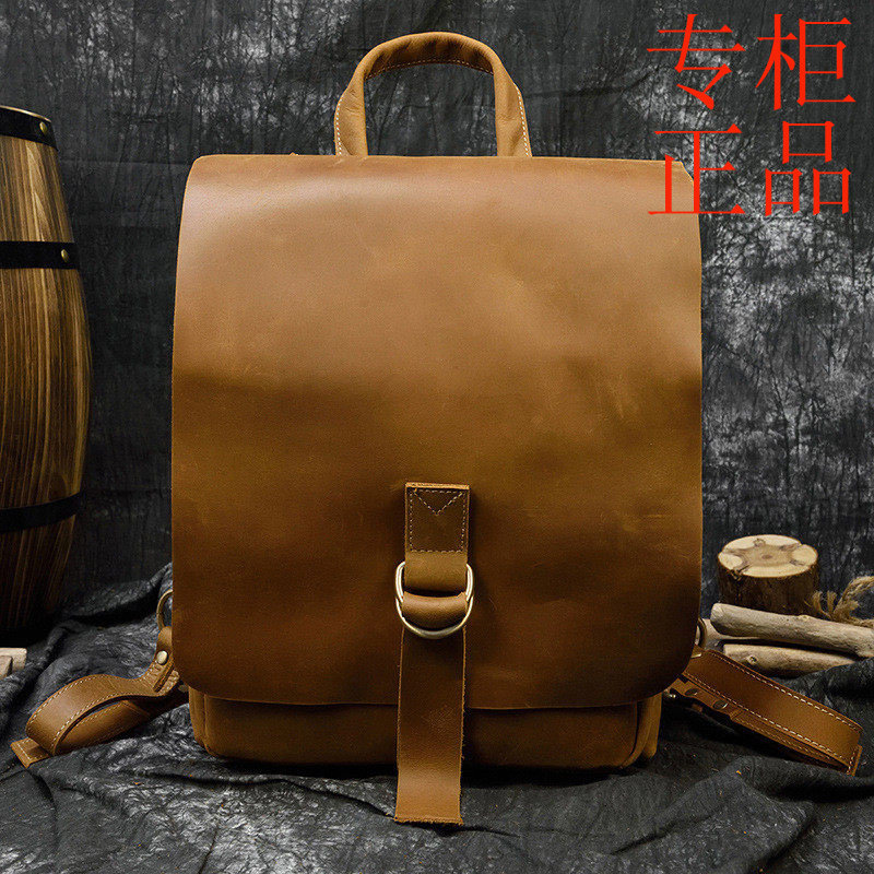 ㊣新款疯马皮双肩包男士复古真皮背包旅行包抖音外贸Rucksack