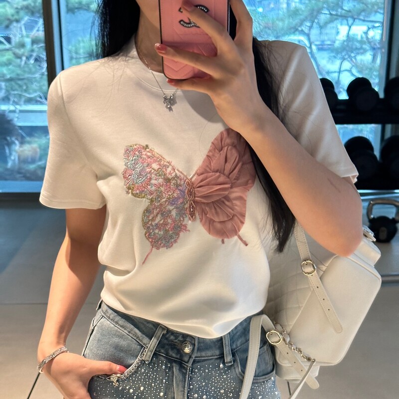 白色云棉立体蝴蝶刺绣短袖体恤女2024夏季新款高级感别致绝美上衣