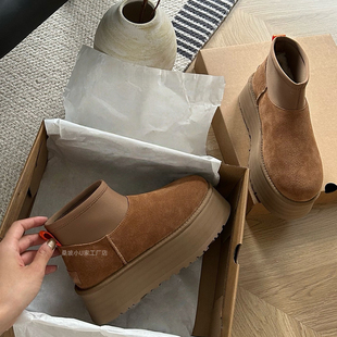 现货~桑坡超尖版~牛皮加绒厚底迪普靴25冬季新款羊毛雪地靴女真皮