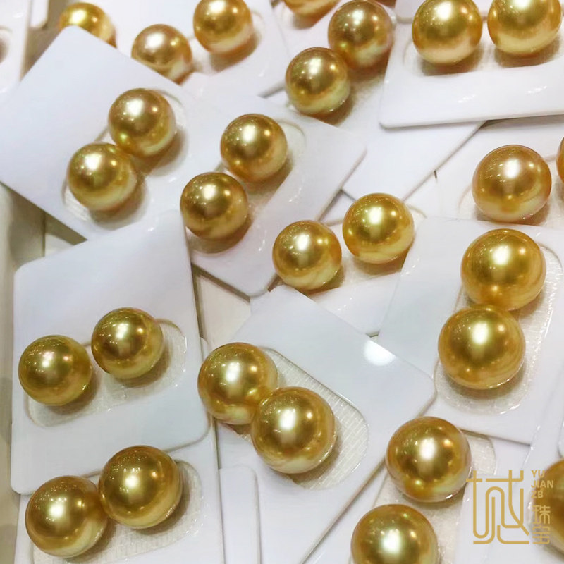 茶金色南洋金珠裸珠耳环对珠订制正圆无暇强光缅甸金珠女11mm12mm