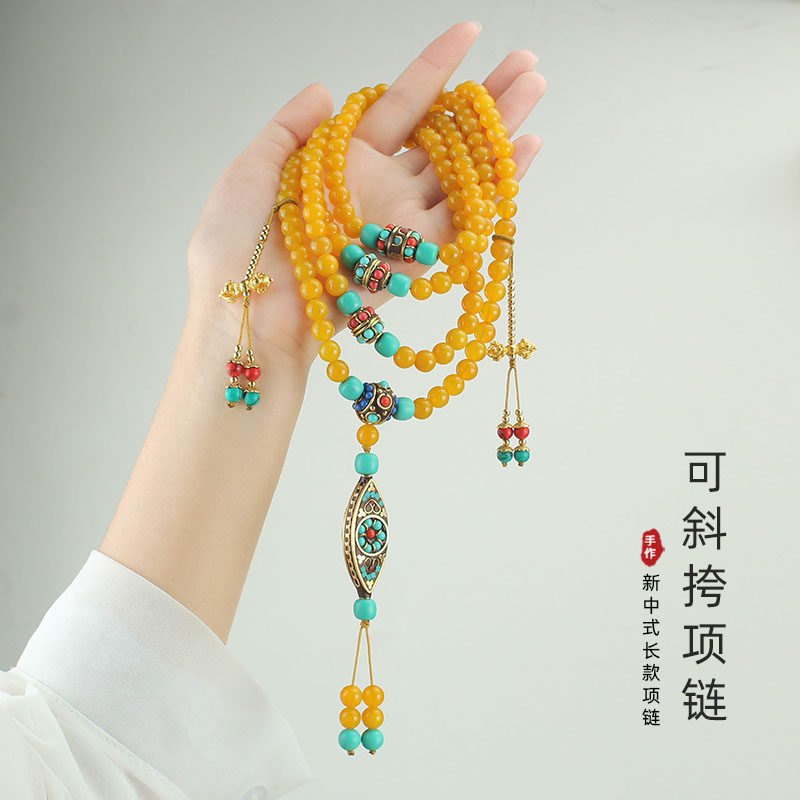 抖音同款新中式长款圆珠玛瑙国风斜挎链背背项链百搭民族风配饰品