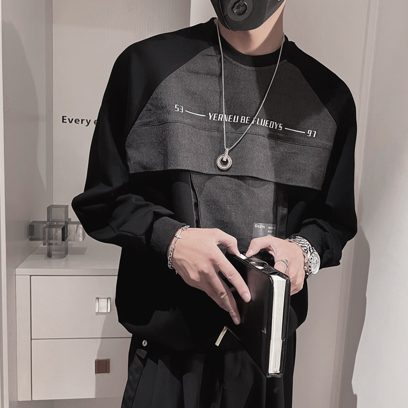 WY107-P68-控98 秋季新款卫衣男休闲圆领套头牛仔拼料卫衣男上衣图片