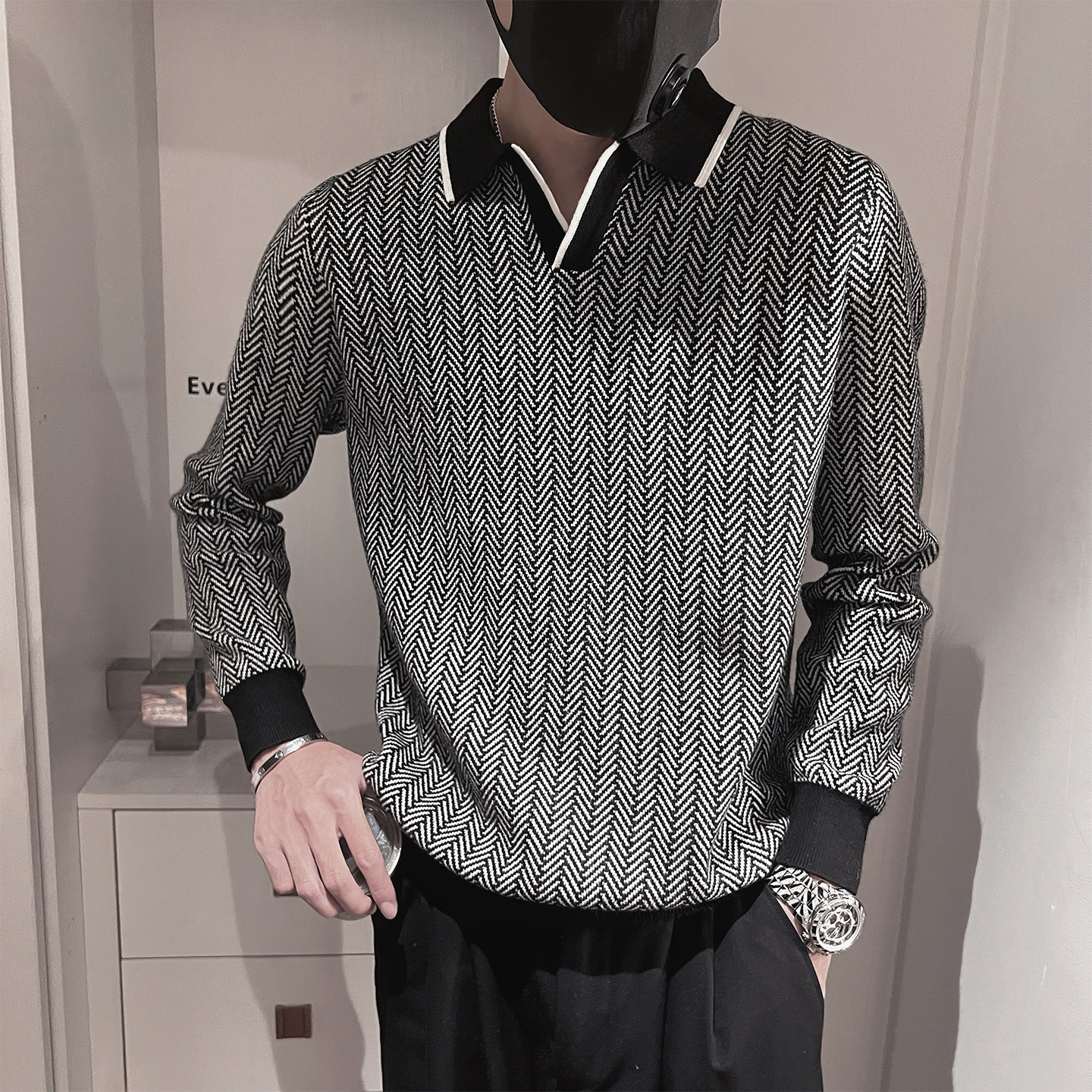 MX236-P68控98M-3XL50%腈纶28%聚酯纤维22%锦纶翻领老钱风针织衫,男装针织衫/毛衣,电商A216