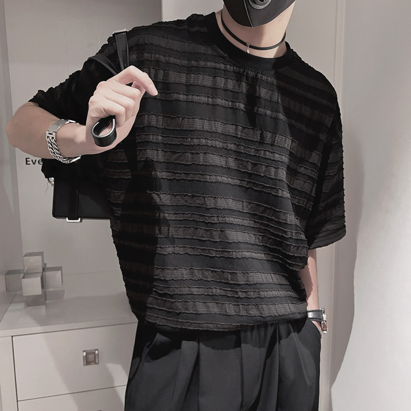 X112-P45 控69 夏季男士半袖宽松潮流五分袖t恤设计感上衣T短袖图片