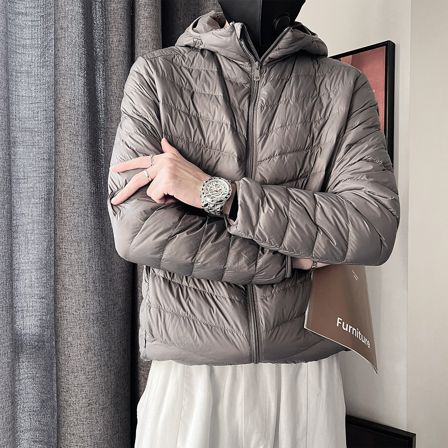 Y118-P128控178-M-3XL-聚酯纤维50绒50-100排骨格连帽羽绒服,男装羽绒服,电商A216