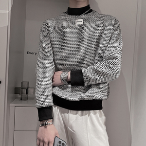 WY77-P68 控98 2023秋季新半高领卫衣男套头社会小伙格子休闲外套图片
