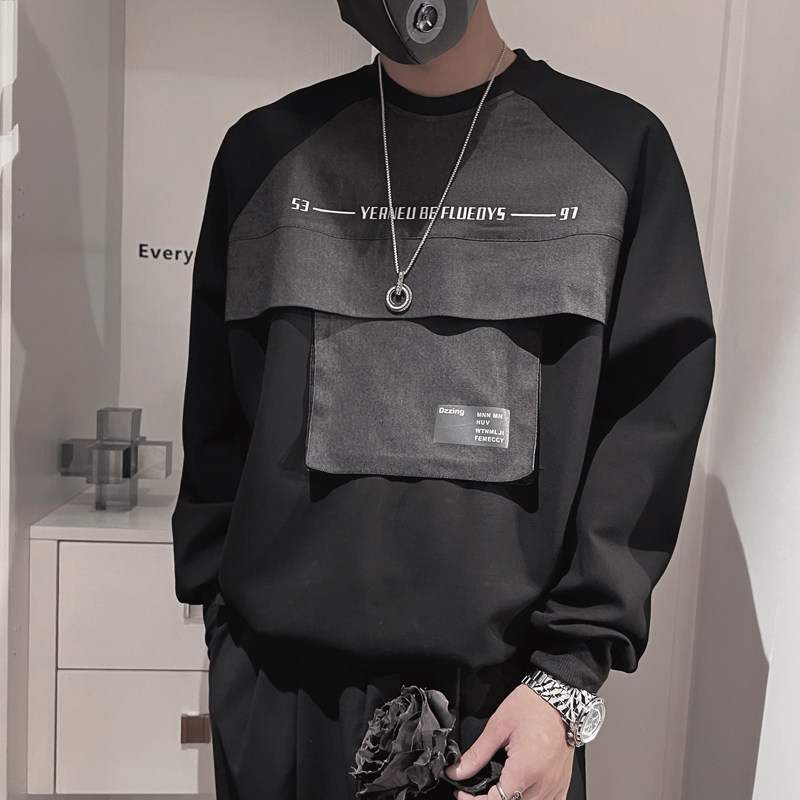 WY107-P68-控98秋季新款卫衣男休闲圆领套头牛仔拼料卫衣男上衣,男装卫衣,电商A216