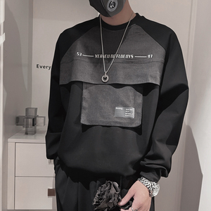 WY107-P68-控98 秋季新款卫衣男休闲圆领套头牛仔拼料卫衣男上衣图片