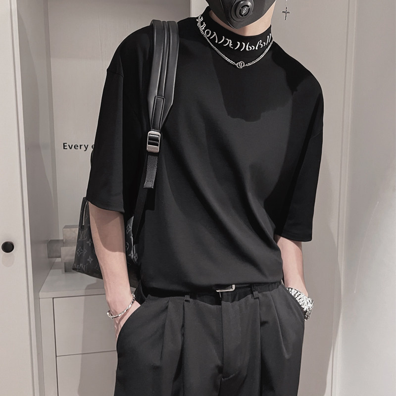 X02-P38控582025夏季新款宽松纯色半高领纯棉潮流社会小伙T恤男,男装T恤,电商A216