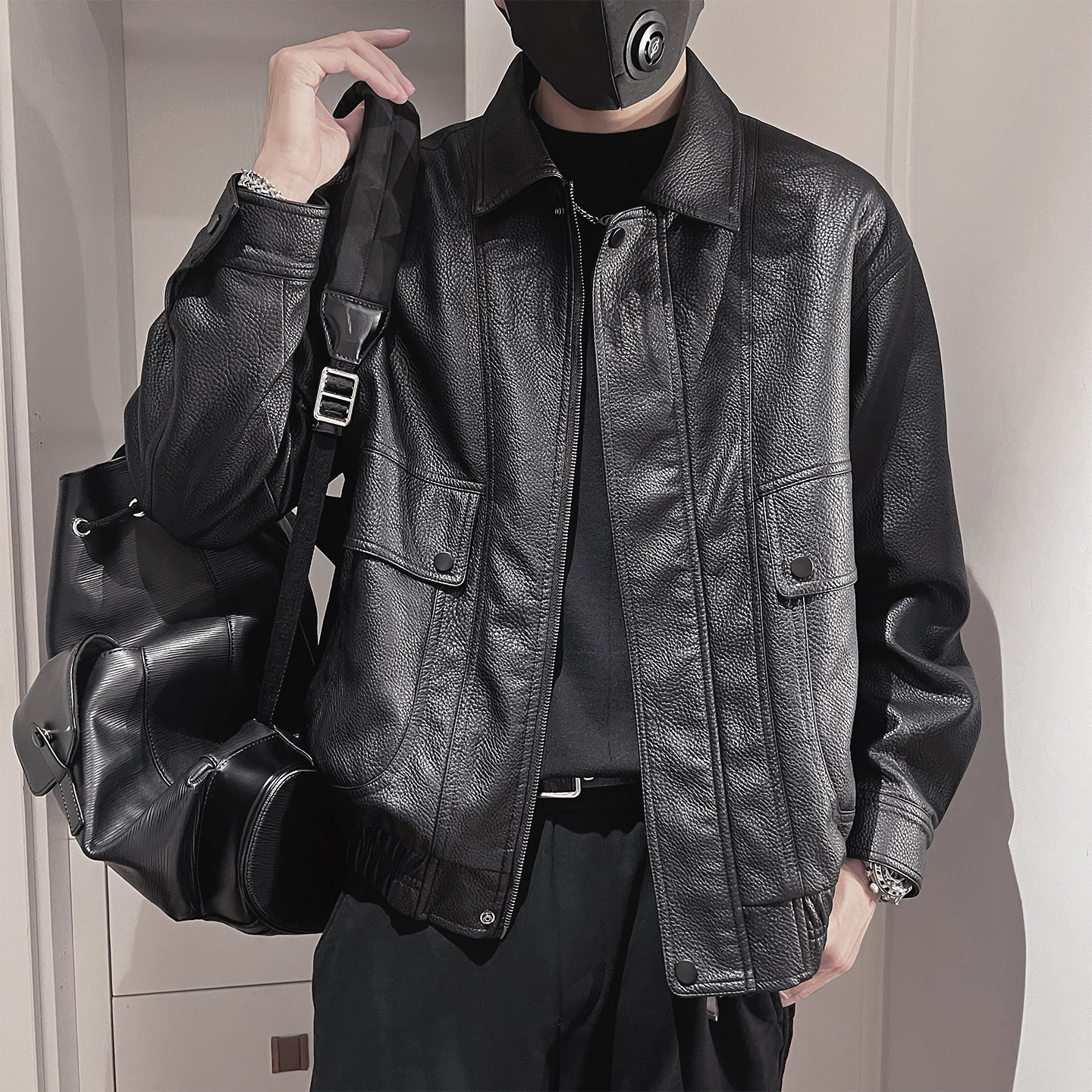 PY07-特P138-控178M-3XL-95%PU皮5%其他纯色颗粒纹理皮衣，男装皮衣，电商A216