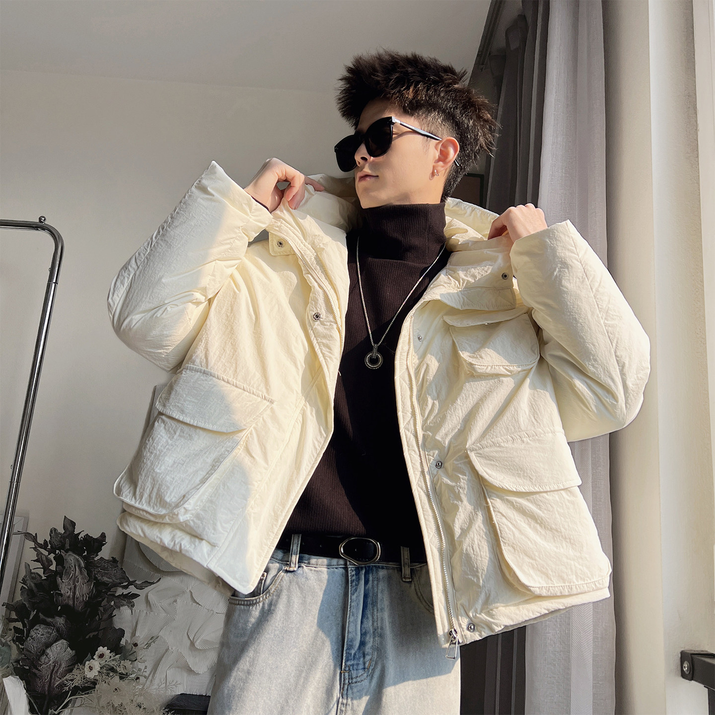 Y139-M-XL-P168控228聚酯纤维立体贴袋连帽不收底褂子型短,男装卫衣,电商A216